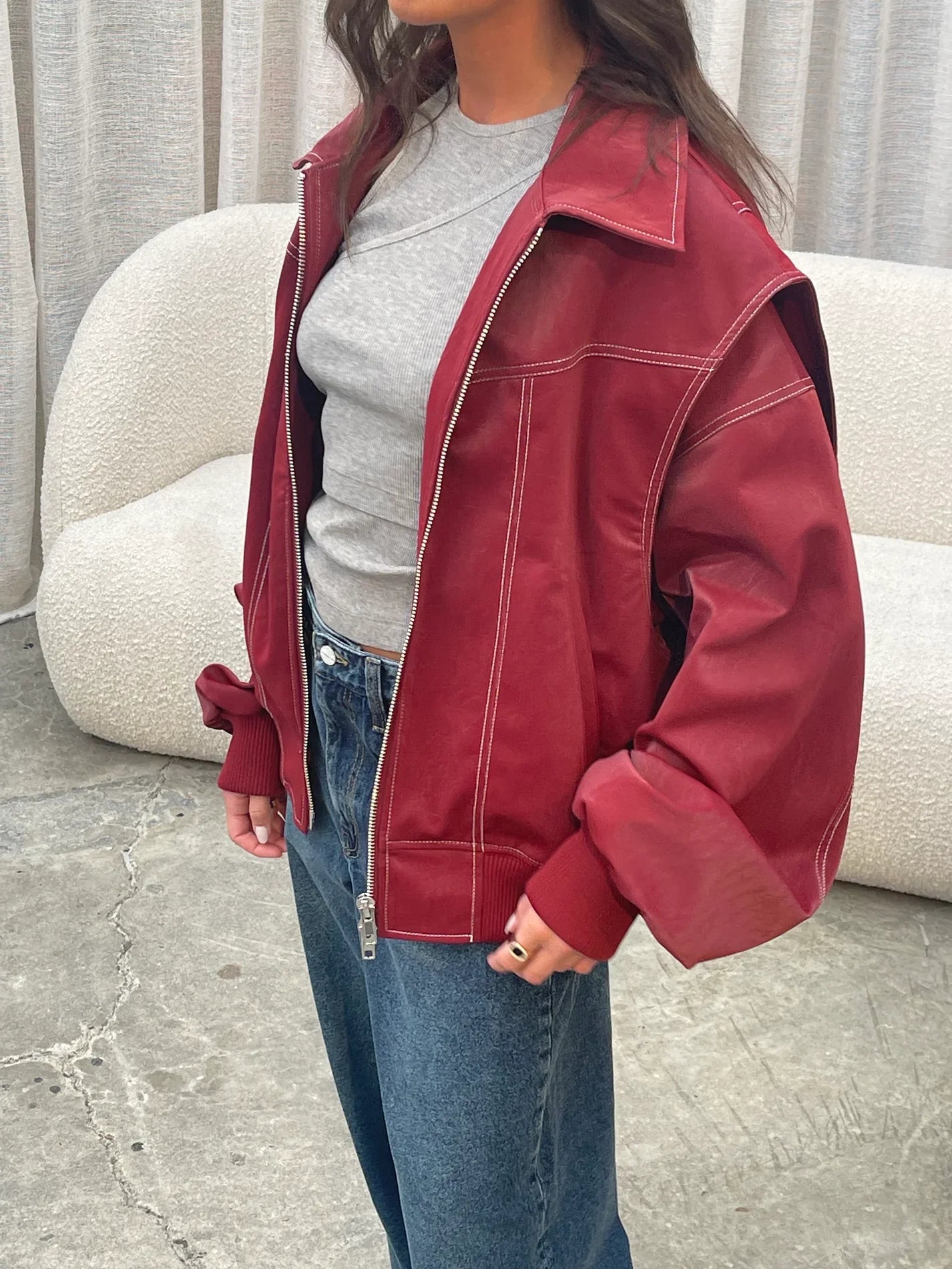 Veste oversize à coutures contrastées rouge