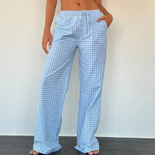 Pantalon large en lin Wasic à carreaux bleu chic