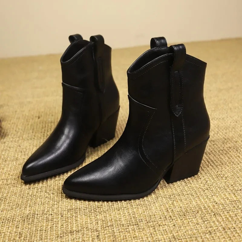 Bottines Femme en Cuir Véritable – Élégance Mature, Talon Épais Automne/Hiver