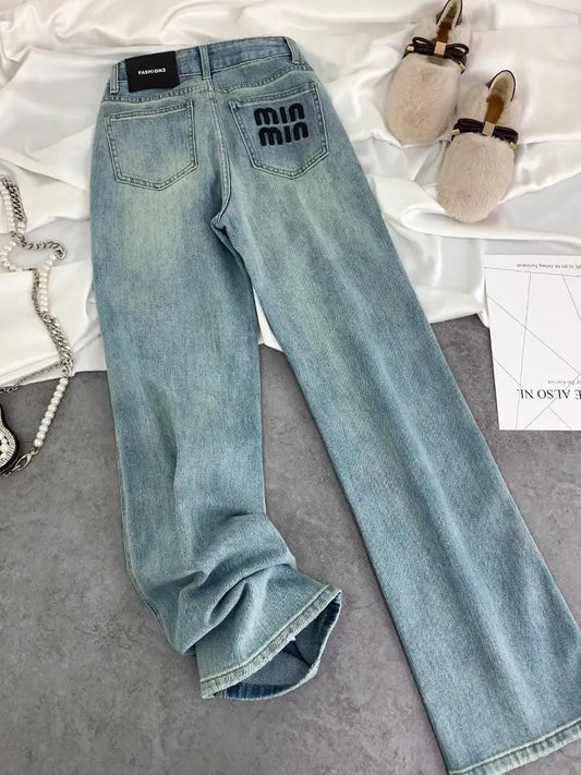 jeans Bleus Taille Haute Femme Vintage avec Détails Hip-Hop