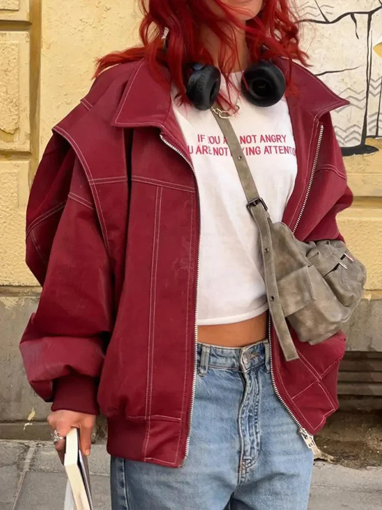 Veste oversize à coutures contrastées rouge