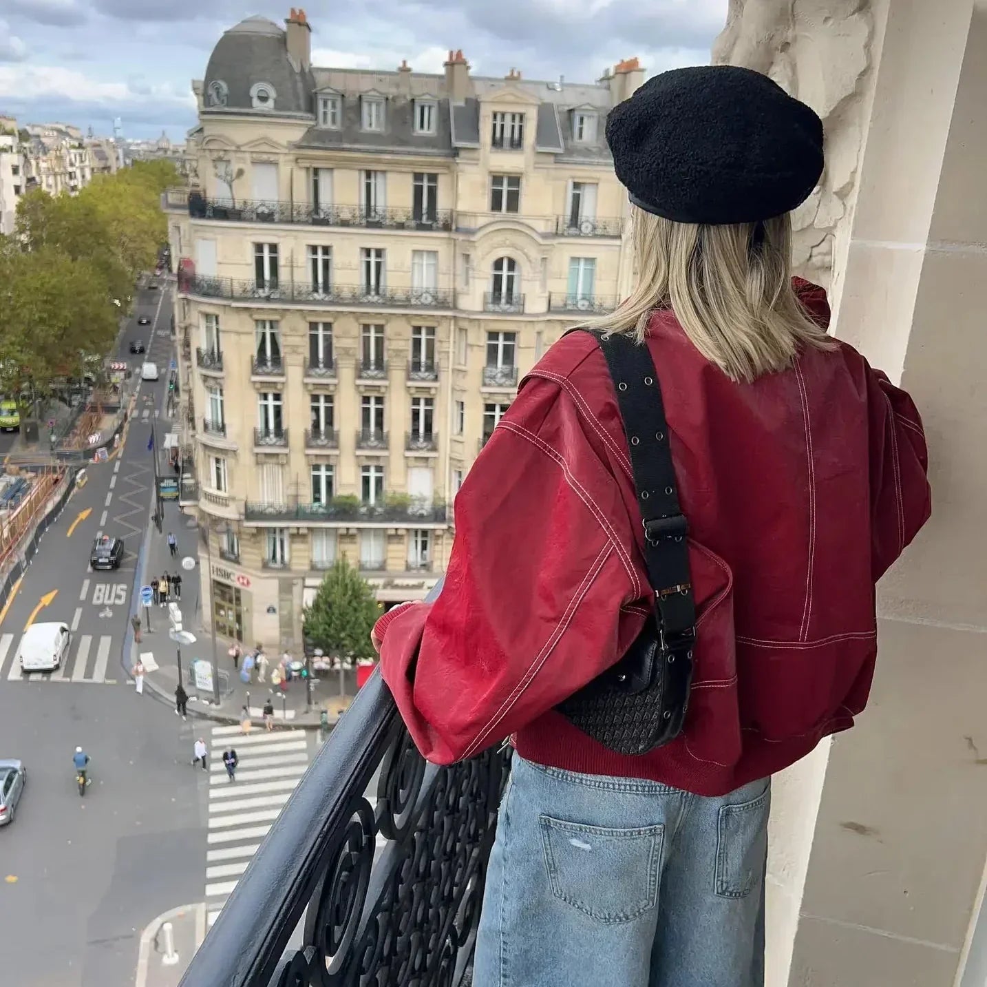 Veste oversize à coutures contrastées rouge